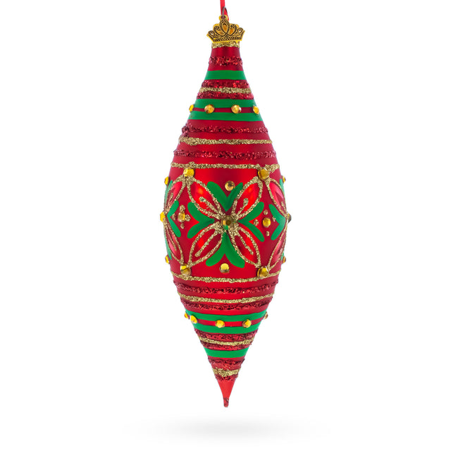 Red and Green Glitter Jeweled Elongated Pointed Teardrop Finial Glass Christmas Ornament in Red color Finial