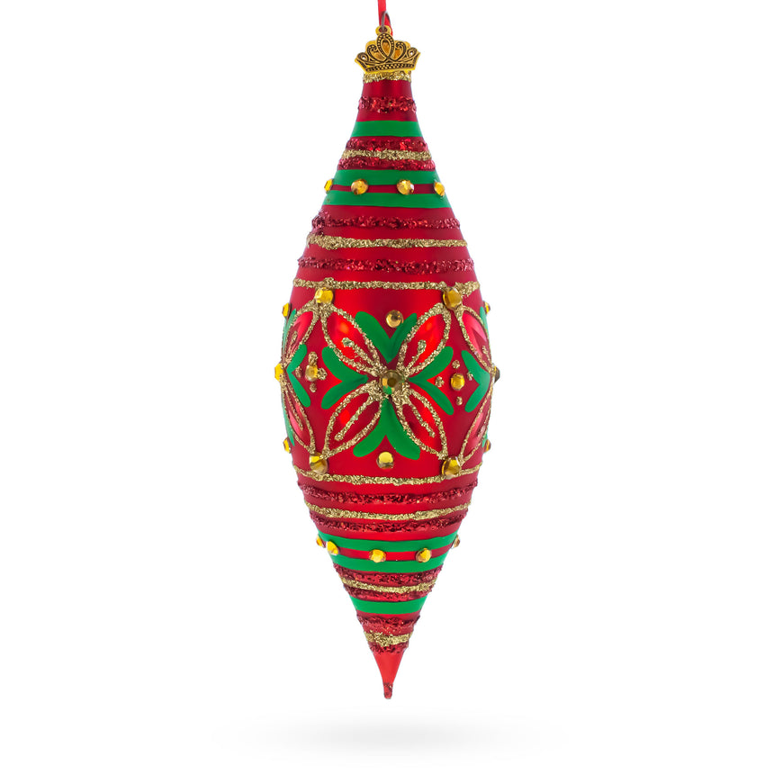 Red and Green Glitter Jeweled Elongated Pointed Teardrop Finial Glass Christmas Ornament in Red color Finial