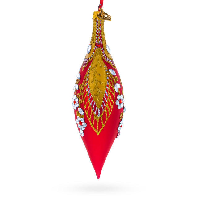 Red and Gold Jewel-Encrusted Elongated Pointed Teardrop Finial Glass Christmas Ornament in Red color Finial