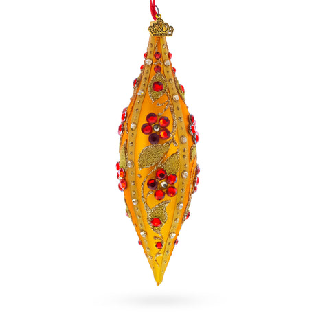 Gold and Red Floral Jeweled Elongated Pointed Teardrop Finial Glass Christmas Ornament in Gold color Finial