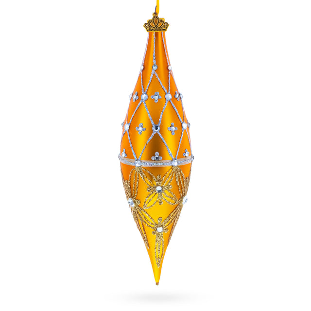Golden Lattice and Floral Pattern Jeweled Elongated Pointed Teardrop Finial Glass Christmas Ornament in Gold color Finial