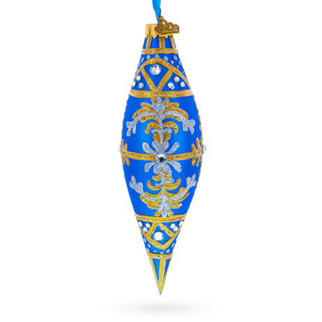 Royal Blue and Gold Snowflake Jeweled Elongated Pointed Teardrop Finial Glass Christmas Ornament in Blue color Finial