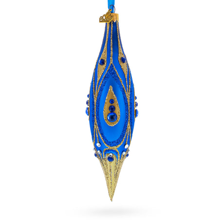 Royal Blue and Gold Jeweled Elongated Pointed Teardrop Finial Glass Christmas Ornament in Blue color Finial