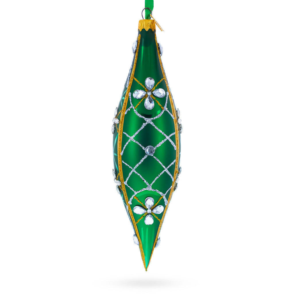 Emerald Jeweled Lattice Elongated Pointed Teardrop Finial Glass Christmas Ornament in Green color Finial