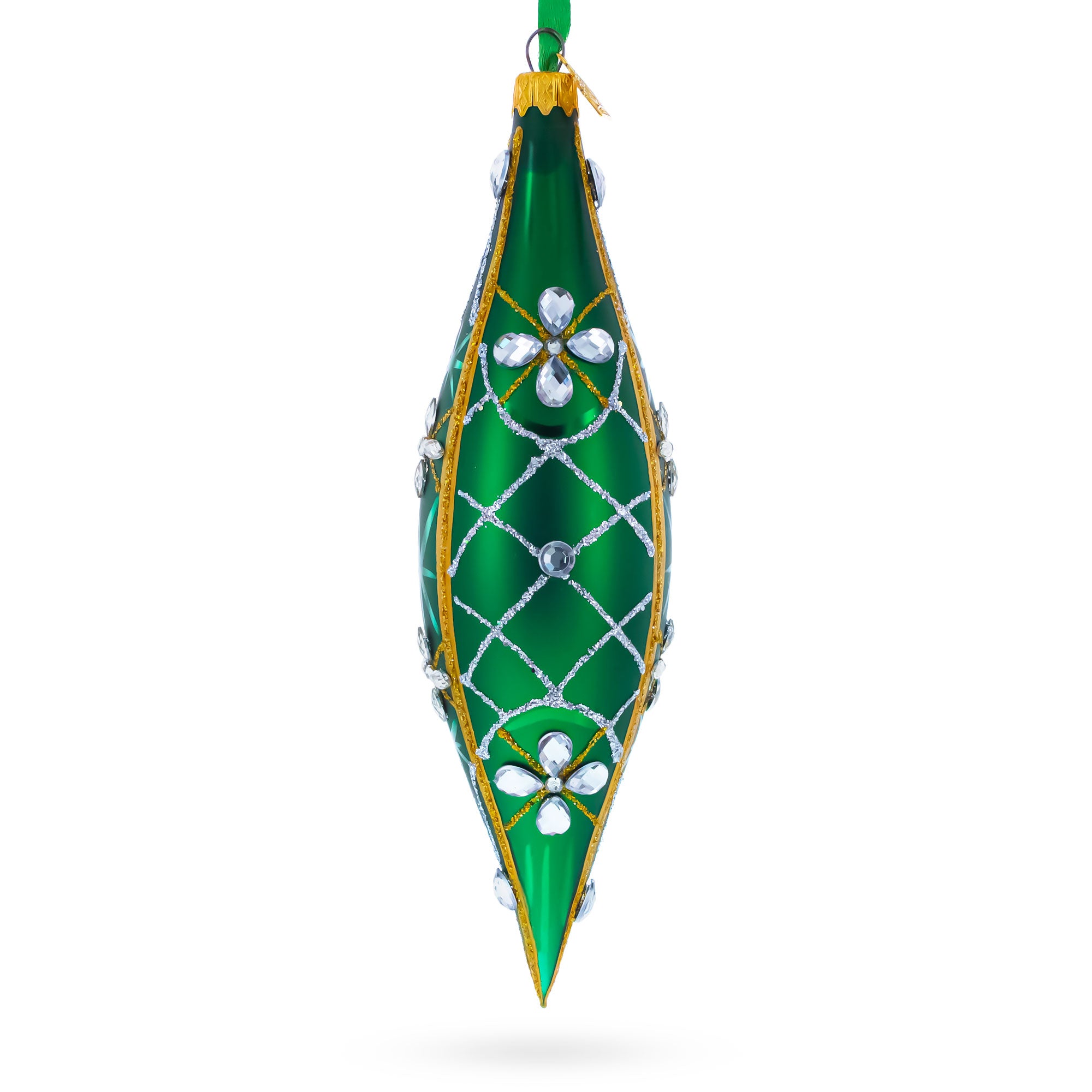 Emerald Jeweled Lattice Elongated Pointed Teardrop Finial Glass Christmas Ornament in Green color Finial