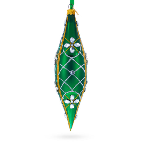 Emerald Jeweled Lattice Elongated Pointed Teardrop Finial Glass Christmas Ornament in Green color Finial