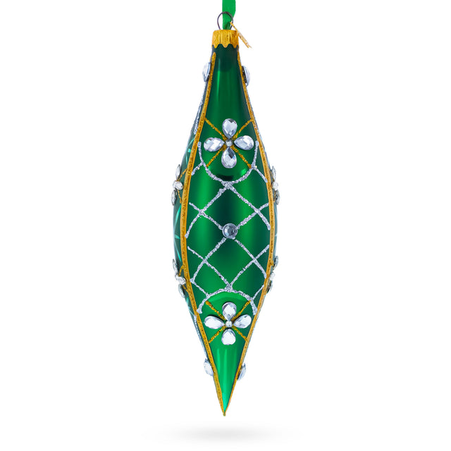 Emerald Jeweled Lattice Elongated Pointed Teardrop Finial Glass Christmas Ornament in Green color Finial