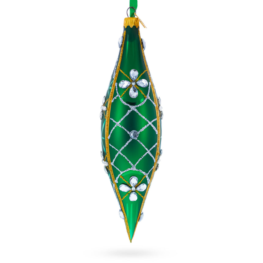 Emerald Jeweled Lattice Elongated Pointed Teardrop Finial Glass Christmas Ornament in Green color Finial
