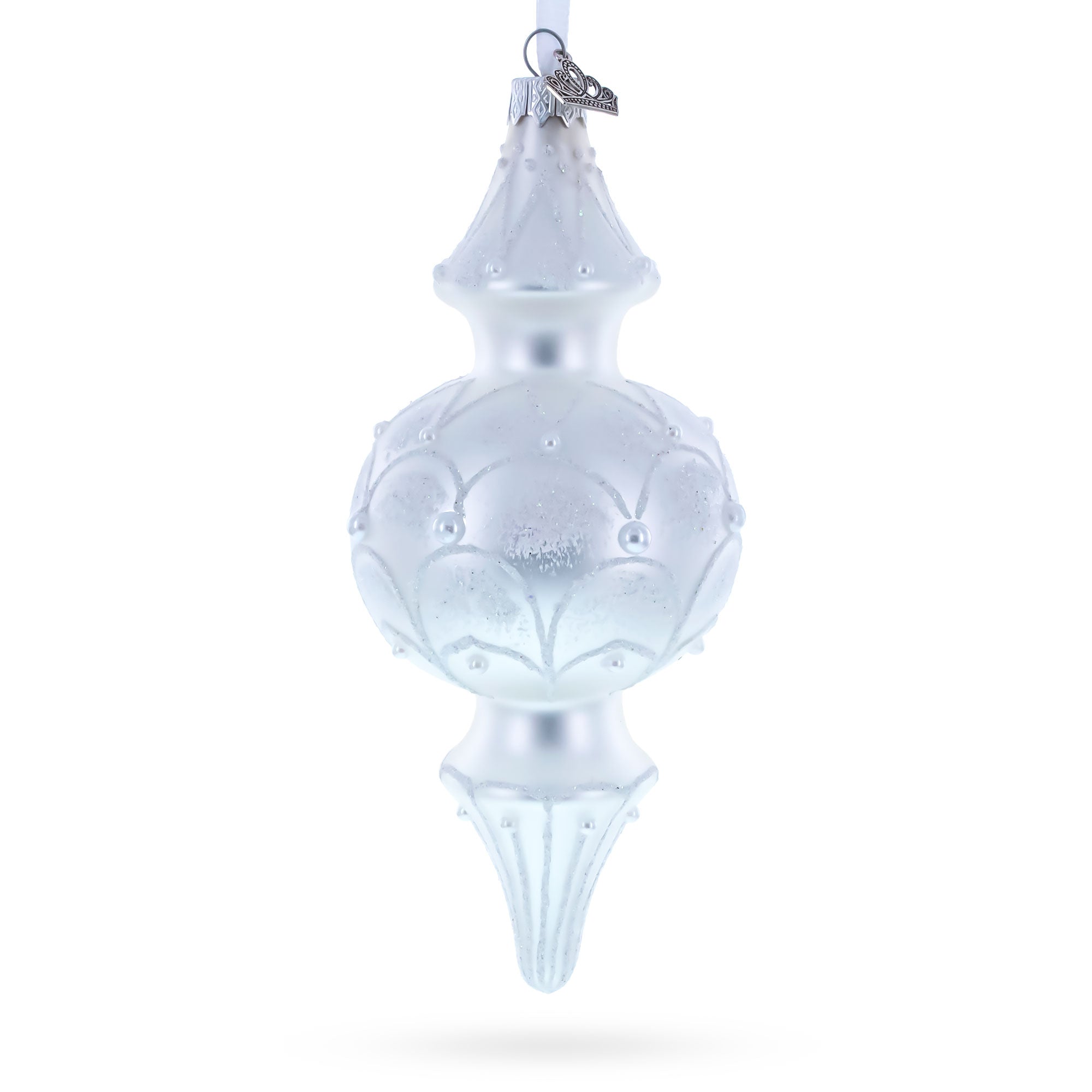 Snowy Pearl Double-Ended Finial Drop Glass Christmas Ornament in White color Finial