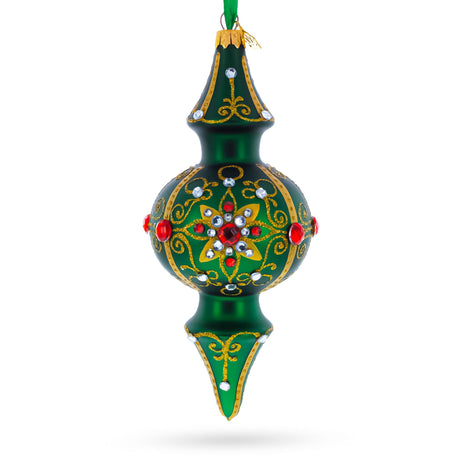 Emerald Baroque Jeweled Double-Ended Finial Drop Glass Christmas Ornament in Green color Finial