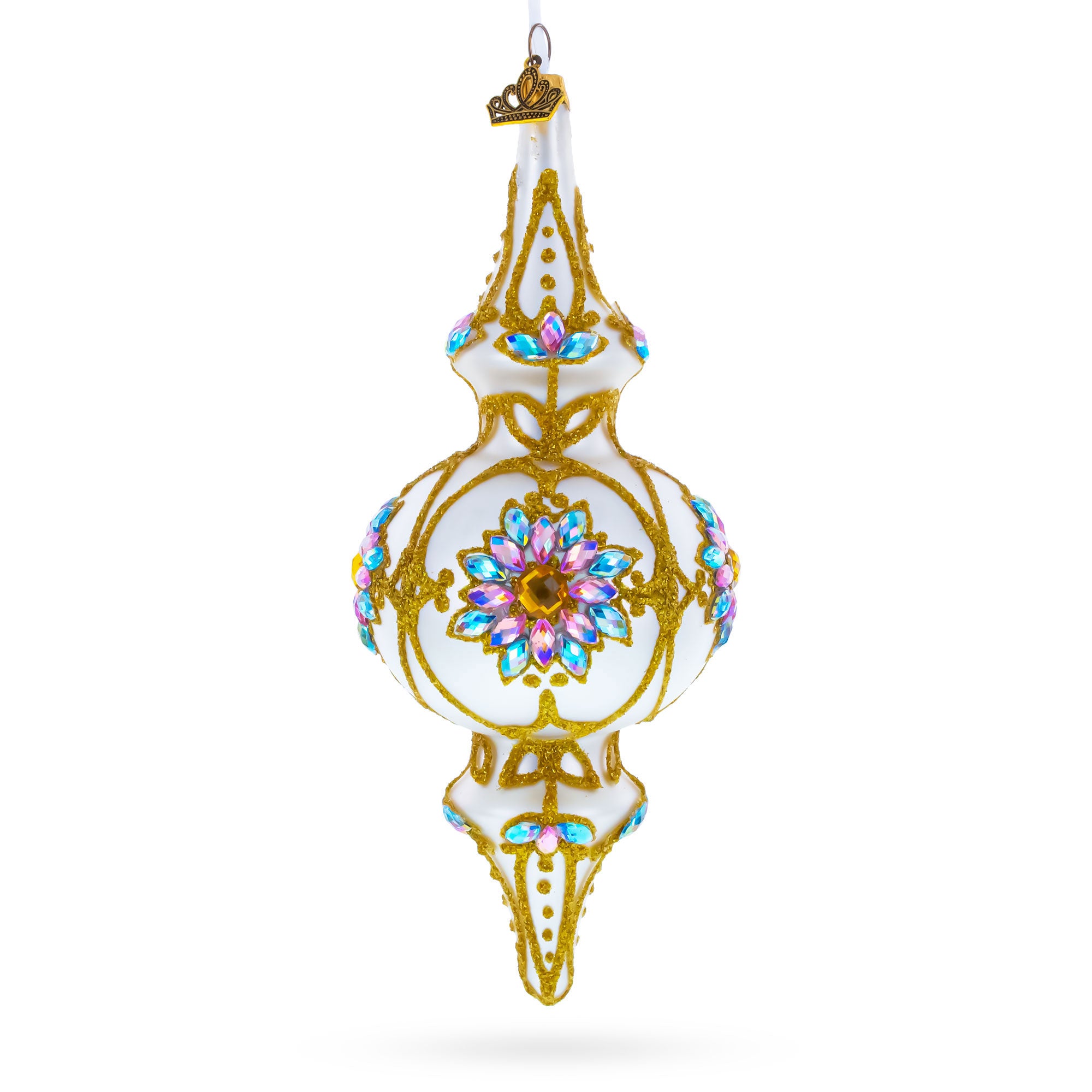 Pearl White Baroque Double-Ended Finial Drop Glass Christmas Ornament in White color Finial