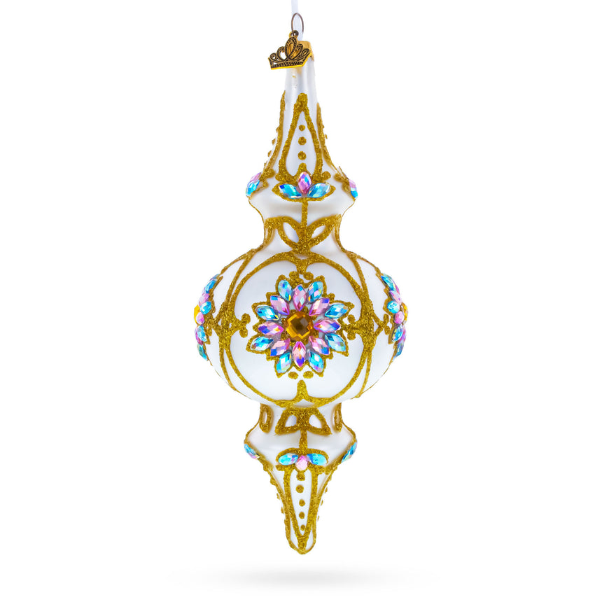 Pearl White Baroque Double-Ended Finial Drop Glass Christmas Ornament in White color Finial