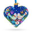 Blue Folk Art Whimsical Doves & Flowers Heart Glass Ornament in Blue color Heart