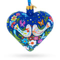 Blue Folk Art Whimsical Doves & Flowers Heart Glass Ornament in Blue color Heart