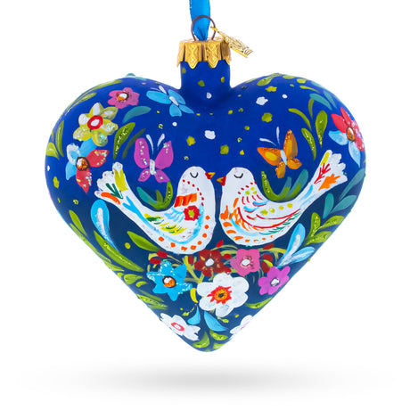 Blue Folk Art Whimsical Doves & Flowers Heart Glass Ornament in Blue color Heart