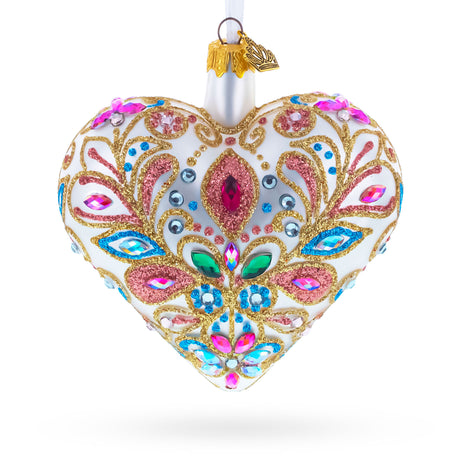 Gilded Baroque Gem Heart Glass Ornament in White color Heart