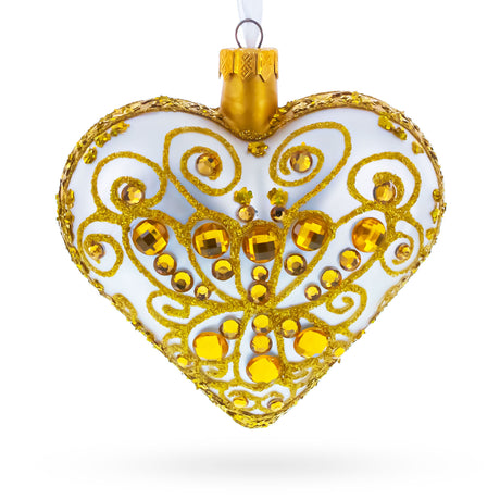 Regal Gold Filigree Heart Glass Ornament in White color Heart