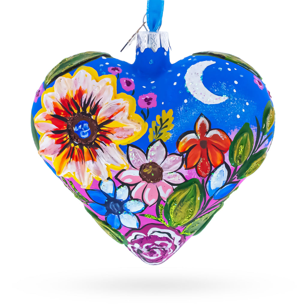 Moonlit Floral Meadow Heart Glass Ornament in Blue color Heart