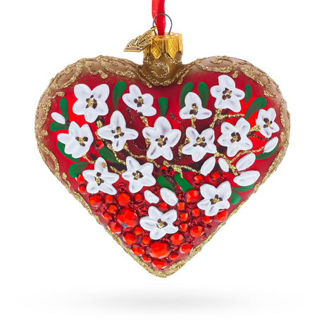 Embellished Ruby Floral Heart Glass Ornament in Red color Heart