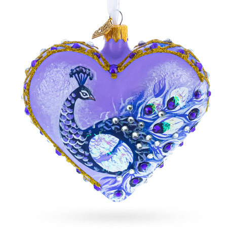 Royal Purple Peacock Heart Glass Ornament in Purple color Heart