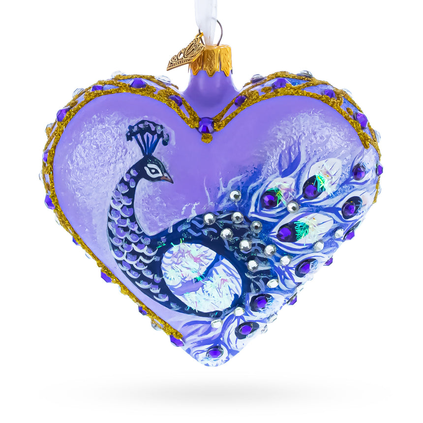 Royal Purple Peacock Heart Glass Ornament in Purple color Heart