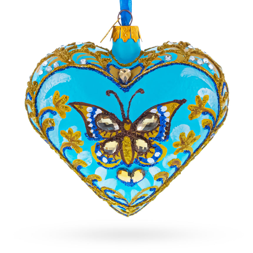 Turquoise Butterfly Elegance Heart Glass Ornament in Blue color Heart