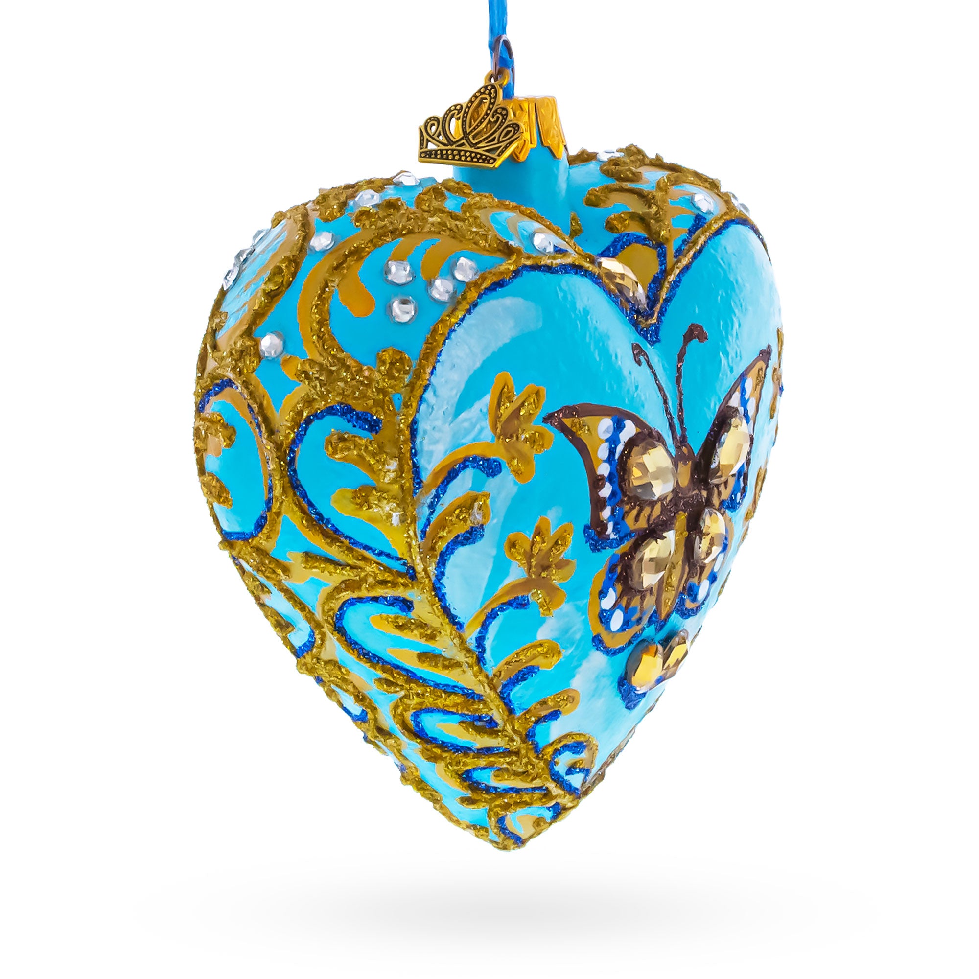 BestPysanky online gift shop sells turquoise butterfly elegance heart glass ornament christmas ornaments love blue widest point thick mouth blown hand painted german italian paint colorful ribbon attached holiday decor hanging collectible tree display gift