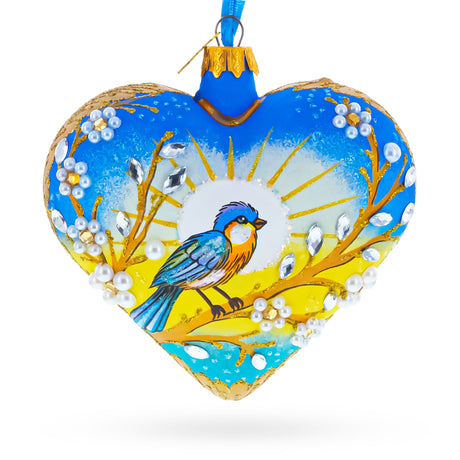 Golden Sunrise Bird Heart Glass Ornament in Blue color Heart
