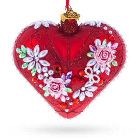 Pearl & Ruby Jeweled Heart Glass Ornament in Red color Heart