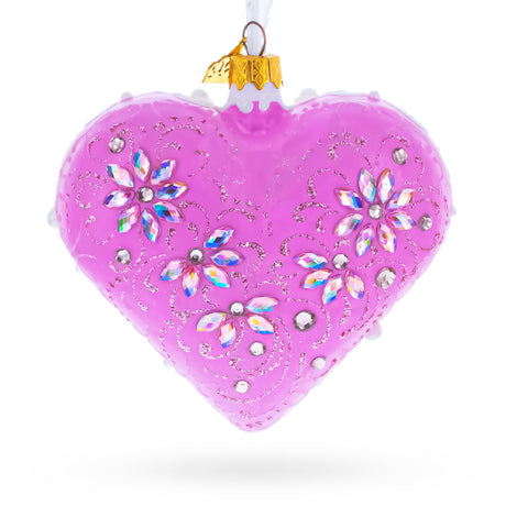 Pink Jeweled Blossom Glass Heart Ornament in Pink color Heart