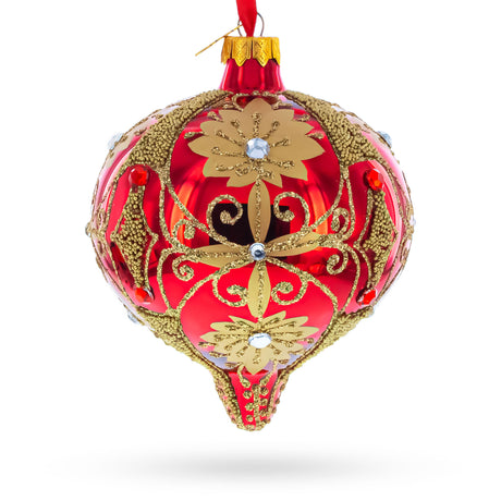 Regal Red & Gold Scrollwork Jeweled Onion-Shape Finial Glass Christmas Ornament in Red color Finial