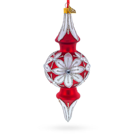 Silver Jeweled Poinsettia Bloom Double-Ended Finial Drop Glass Christmas Ornament in Red color Finial