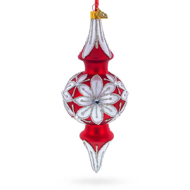 Silver Jeweled Poinsettia Bloom Double-Ended Finial Drop Glass Christmas Ornament in Red color Finial