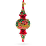 Holly & Gold Scroll Double-Ended Finial Drop Glass Christmas Ornament in Red color Finial