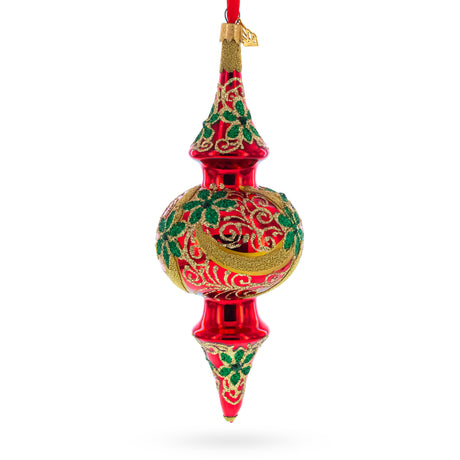 Holly & Gold Scroll Double-Ended Finial Drop Glass Christmas Ornament in Red color Finial