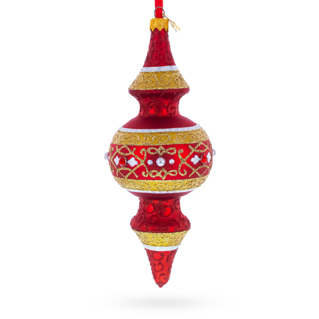 Golden Scroll & Pearl Trim Double-Ended Finial Drop Glass Christmas Ornament in Red color Finial