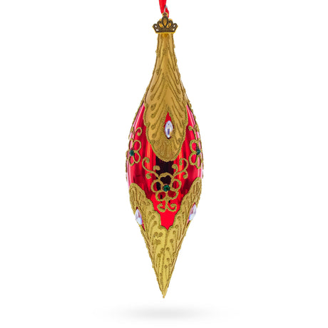 Gilded Petal & Pearl Elongated Pointed Teardrop Finial Glass Christmas Ornament in Red color Finial