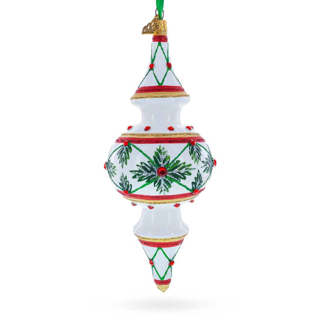 Winter Lattice & Holly Star Jeweled Double-Ended Finial Drop Glass Christmas Ornament in White color Finial