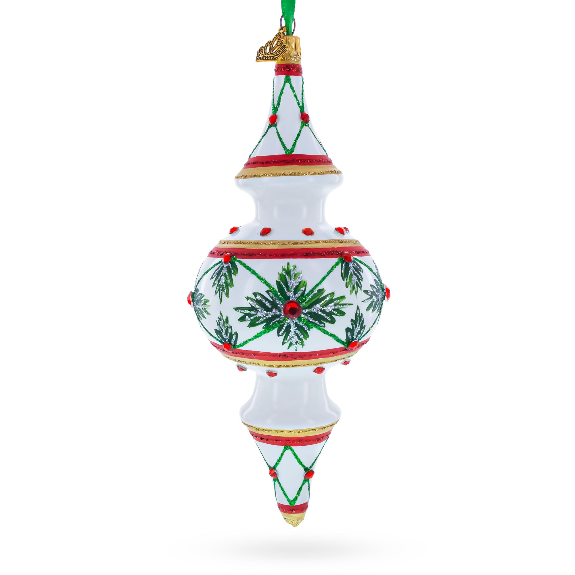 Winter Lattice & Holly Star Jeweled Double-Ended Finial Drop Glass Christmas Ornament in White color Finial