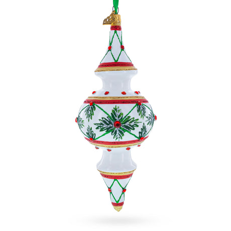 Winter Lattice & Holly Star Jeweled Double-Ended Finial Drop Glass Christmas Ornament in White color Finial
