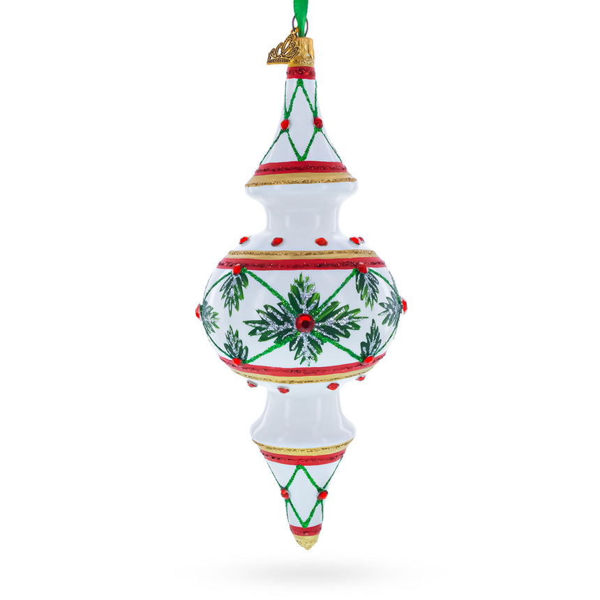 Winter Lattice & Holly Star Jeweled Double-Ended Finial Drop Glass Christmas Ornament in White color Finial