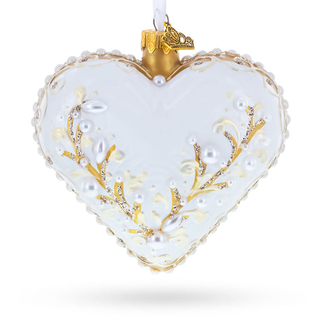 Winter Pearl Vine Jeweled Glass Heart Ornament in White color Heart