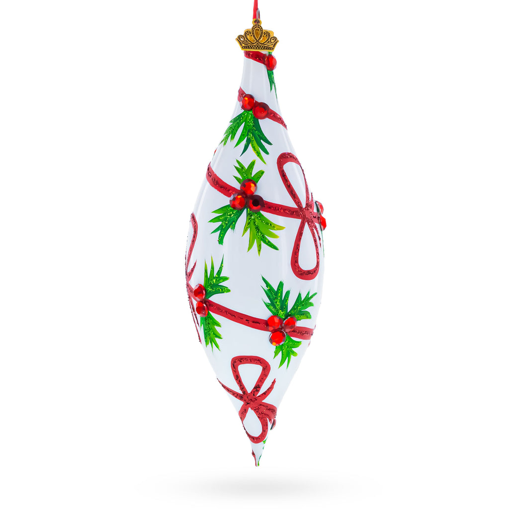 Holiday Ribbon on White Elongated Pointed Teardrop Finial Glass Christmas Ornament in White color Finial