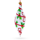 Holiday Ribbon on White Elongated Pointed Teardrop Finial Glass Christmas Ornament in White color Finial