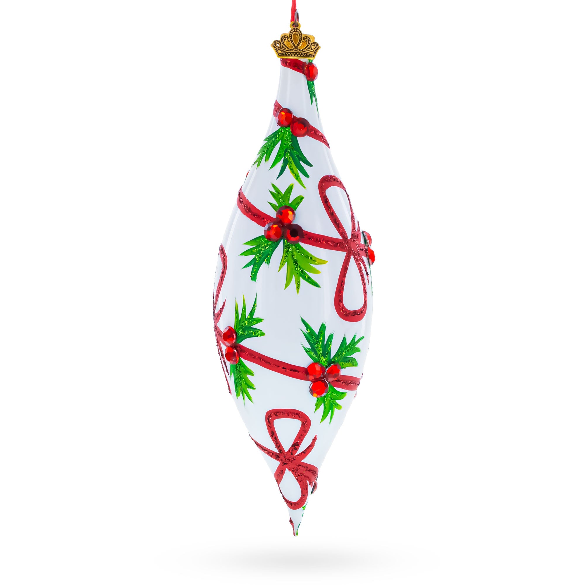 Holiday Ribbon on White Elongated Pointed Teardrop Finial Glass Christmas Ornament in White color Finial