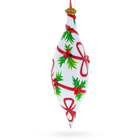Holiday Ribbon on White Elongated Pointed Teardrop Finial Glass Christmas Ornament in White color Finial