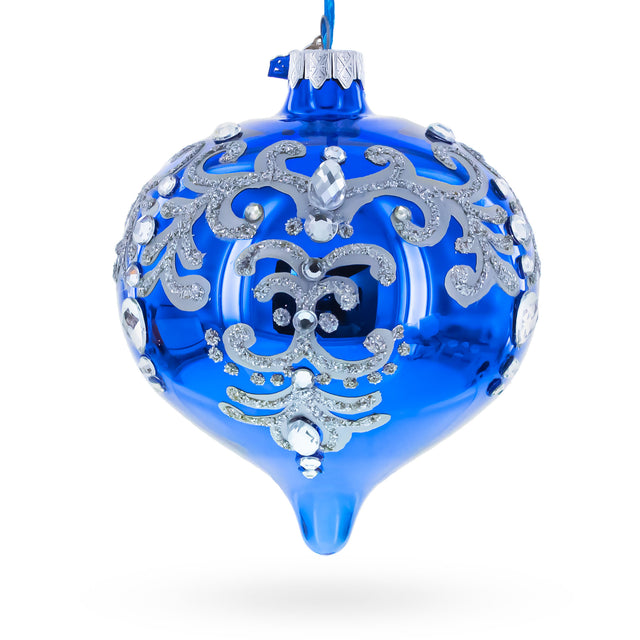 Blue Jeweled Silver Scroll Onion-Shape Finial Glass Christmas Ornament in Blue color Finial