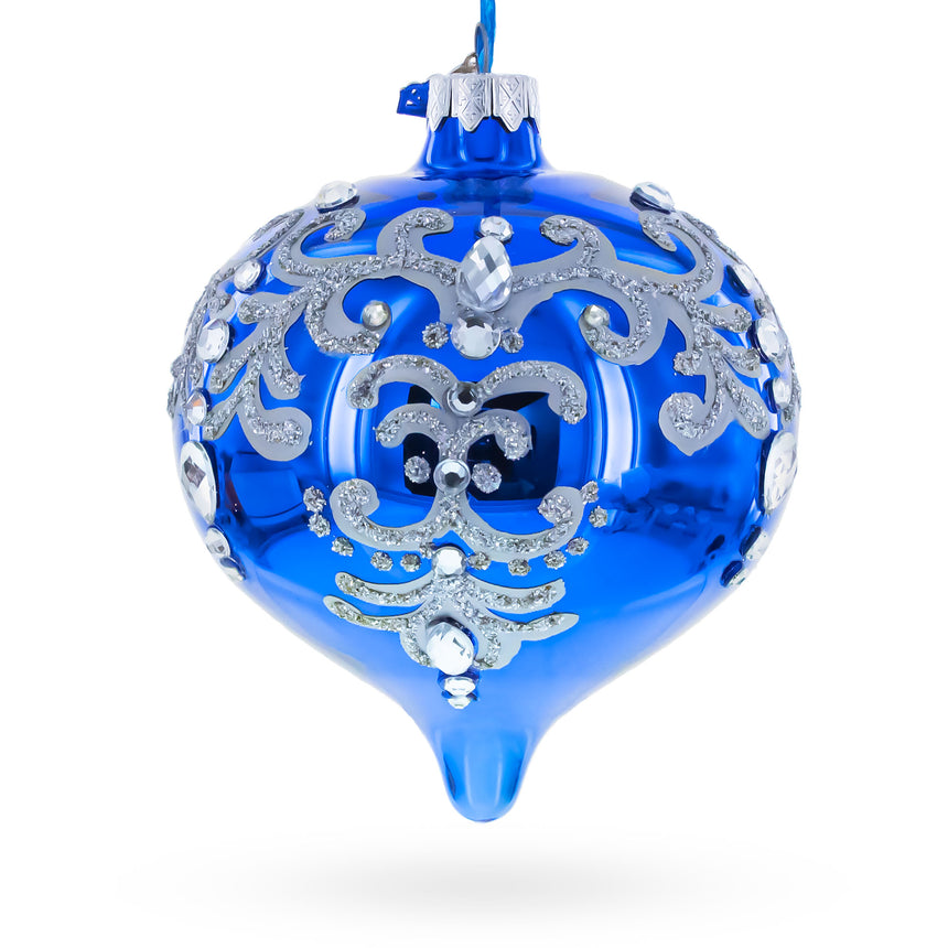 Blue Jeweled Silver Scroll Onion-Shape Finial Glass Christmas Ornament in Blue color Finial