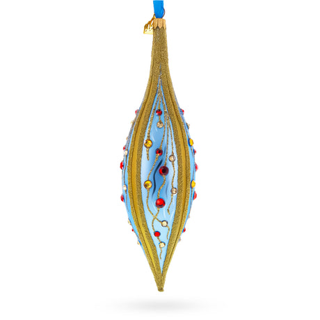 Blue and Gold Jeweled Vine Elongated Pointed Teardrop Finial Glass Christmas Ornament in Blue color Finial