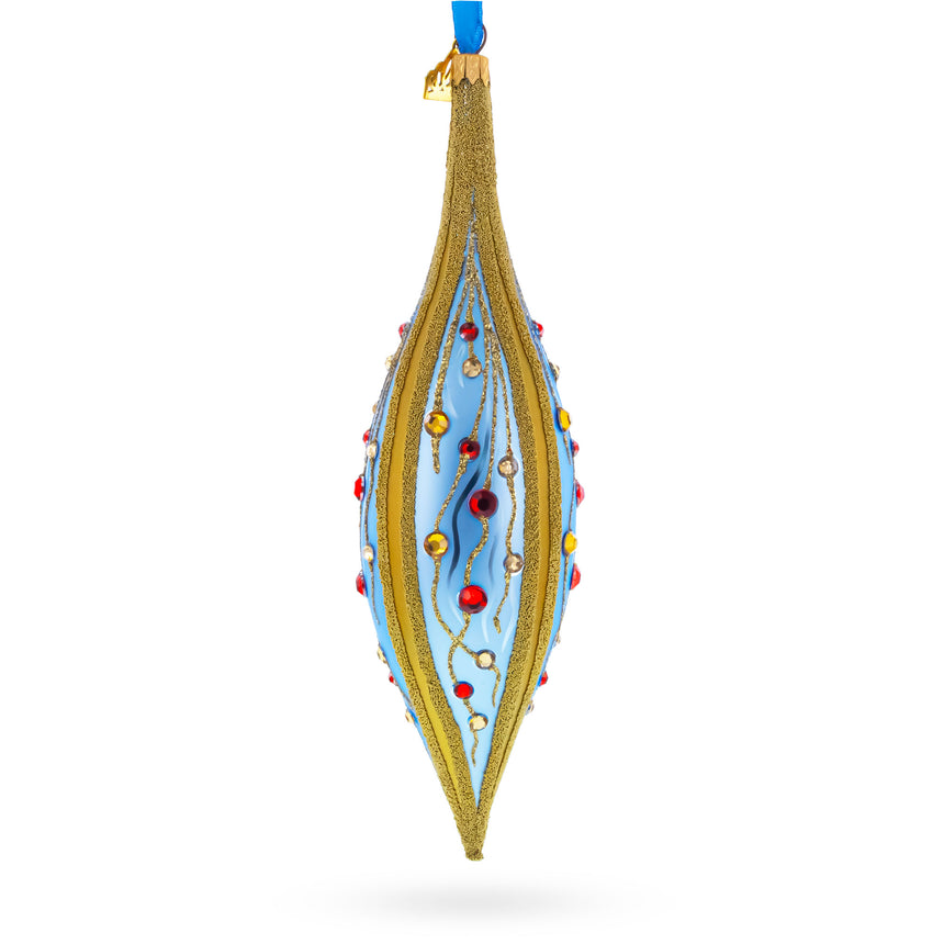 Blue and Gold Jeweled Vine Elongated Pointed Teardrop Finial Glass Christmas Ornament in Blue color Finial